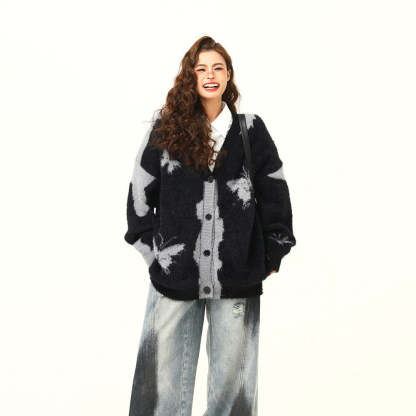 美式復古設計感蝴蝶針織開衫毛衣女秋冬慵懶寬鬆外套