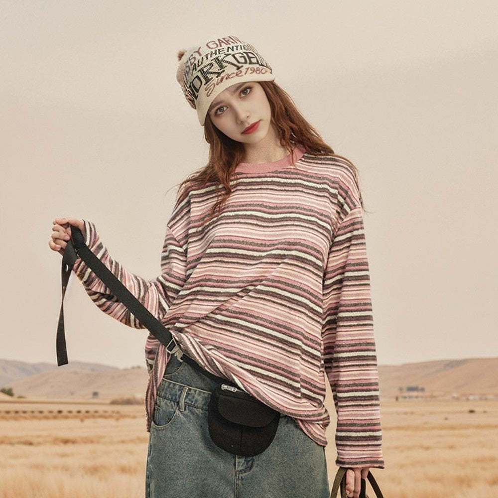 街頭潮牌復古拼接條紋長袖t恤女春秋新款美式寬鬆套頭上衣