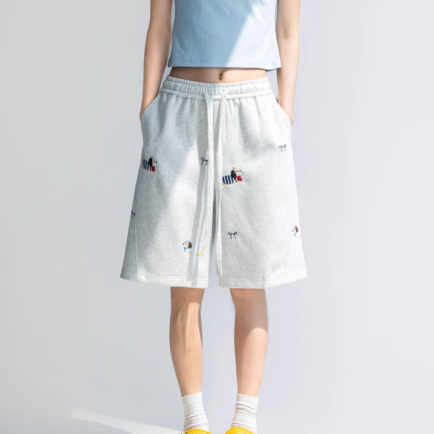 可愛臘腸狗刺繡五分褲女夏季休閒短褲運動褲直筒衛褲