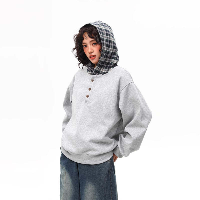 春季新款美式復古格子拼接假兩件連帽衛衣女寬鬆百搭