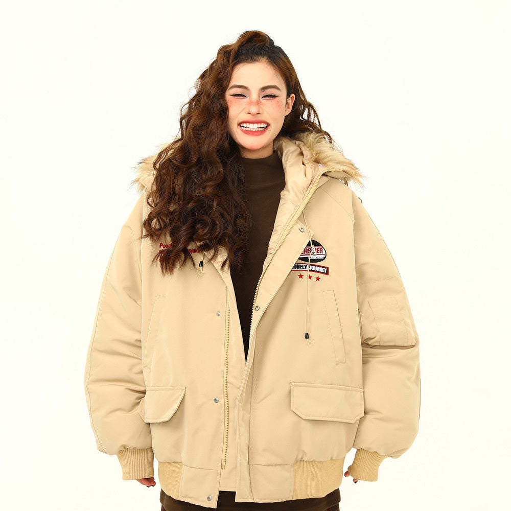 美式復古座山雕毛領冬季棉服外套女工裝風派克服連帽棉衣