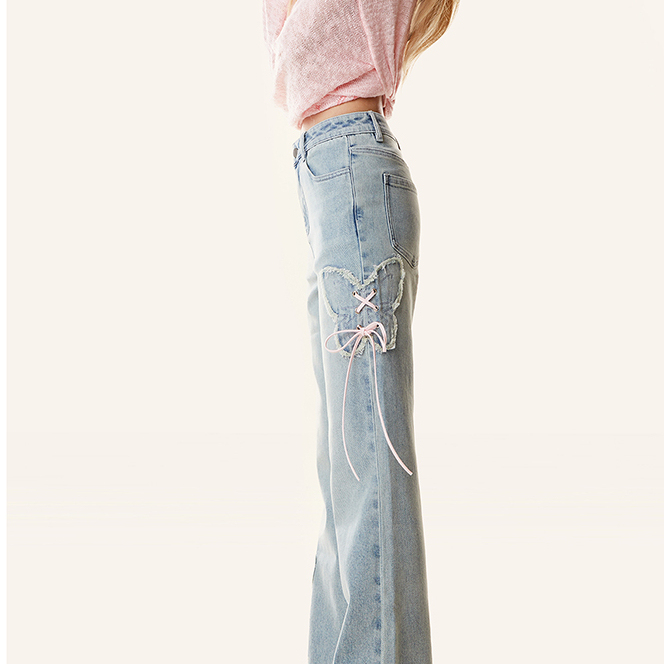 淺色顯瘦蝴蝶微喇叭牛仔褲女2025夏季新款小個子設計感褲子