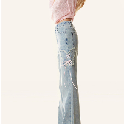 淺色顯瘦蝴蝶微喇叭牛仔褲女2025夏季新款小個子設計感褲子