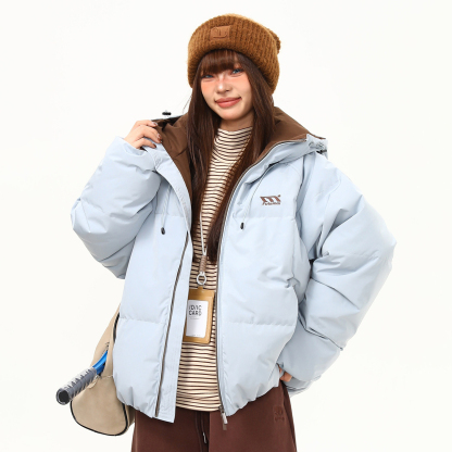 美式復古90白鴨絨羽絨服女冬季撞色戶外保暖連帽棉服外套