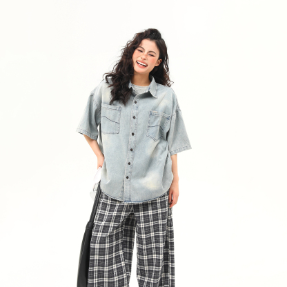 美式復古水洗牛仔短袖襯衫女夏季潮流百搭外穿襯衣