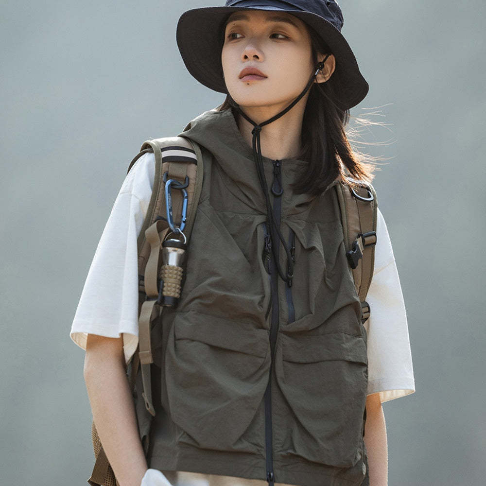 戶外機能立體口袋露營釣魚連帽馬甲女