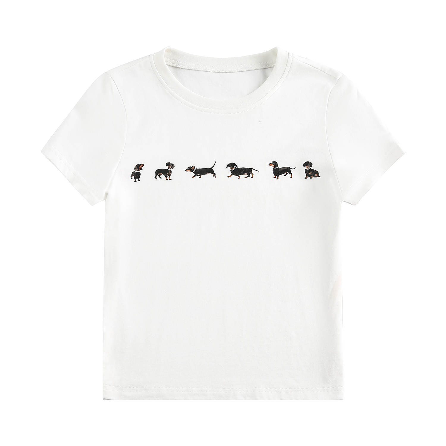 串珠臘腸狗印花純棉短袖正肩女t恤夏季短款修身上衣