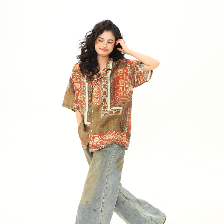 古著花卉襯衫女美式個性潮牌西裝領短袖襯衣夏季凉感上衣