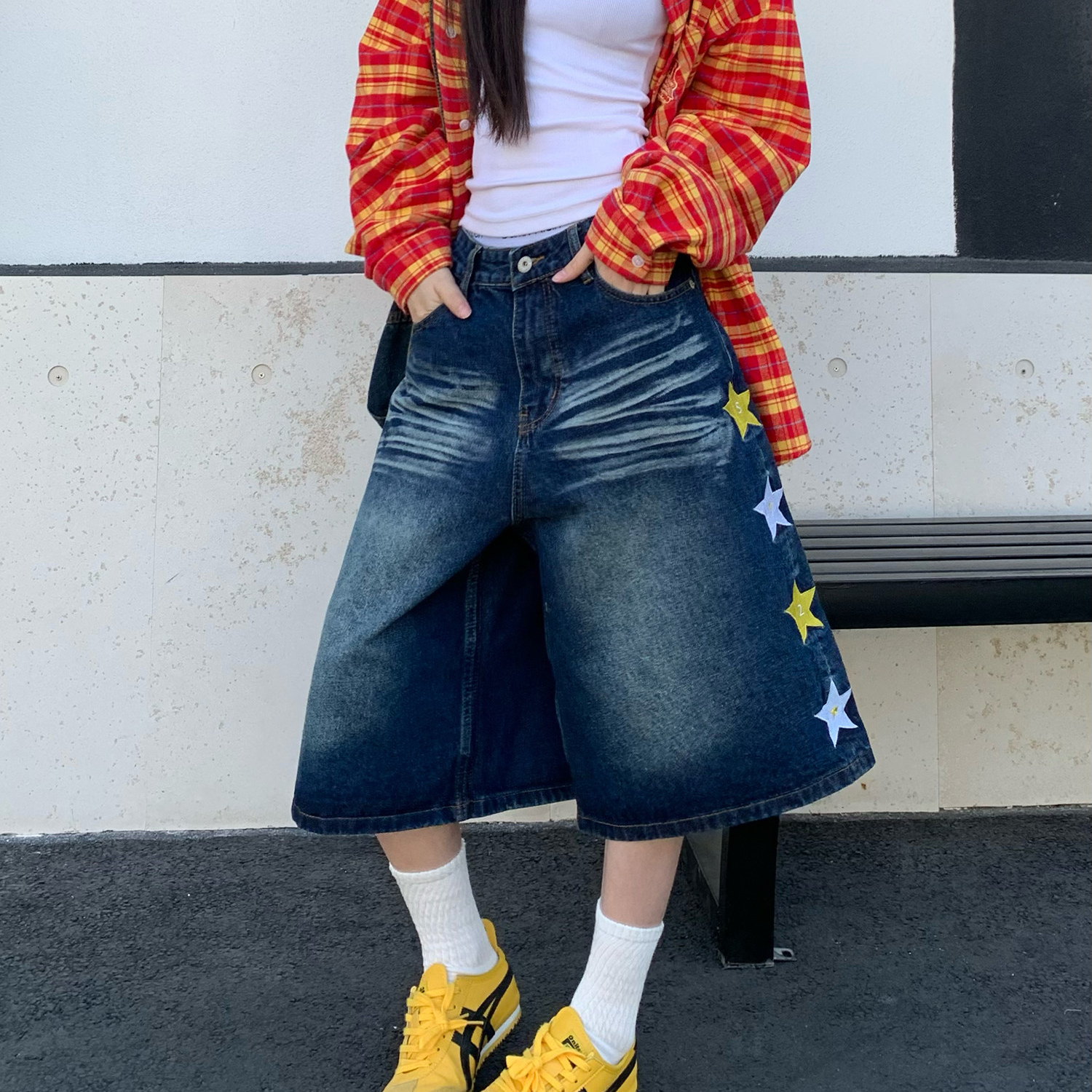 美式復古星星刺繡水洗牛仔七分褲女夏季寬鬆百搭短褲子