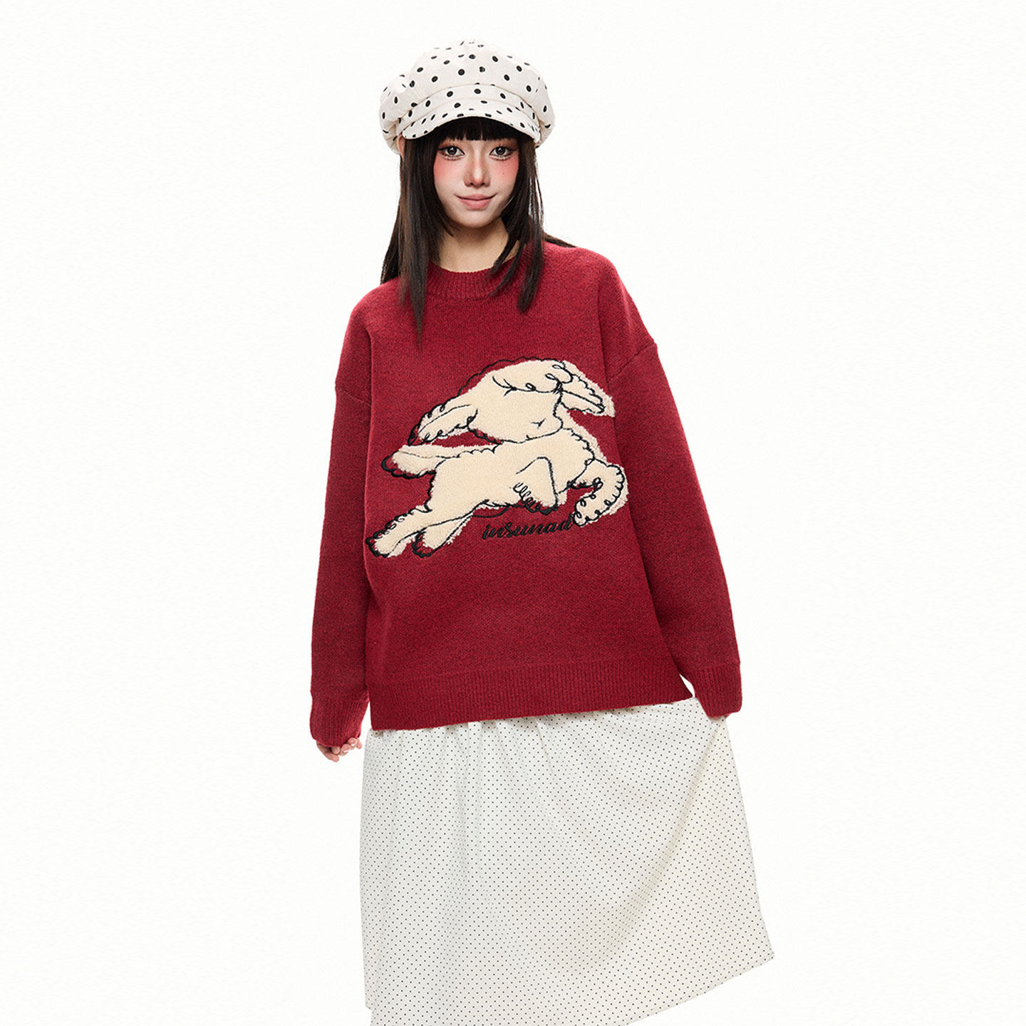 卡通可愛小羊刺繡紅色針織衫女寬鬆百搭套頭毛衣外套