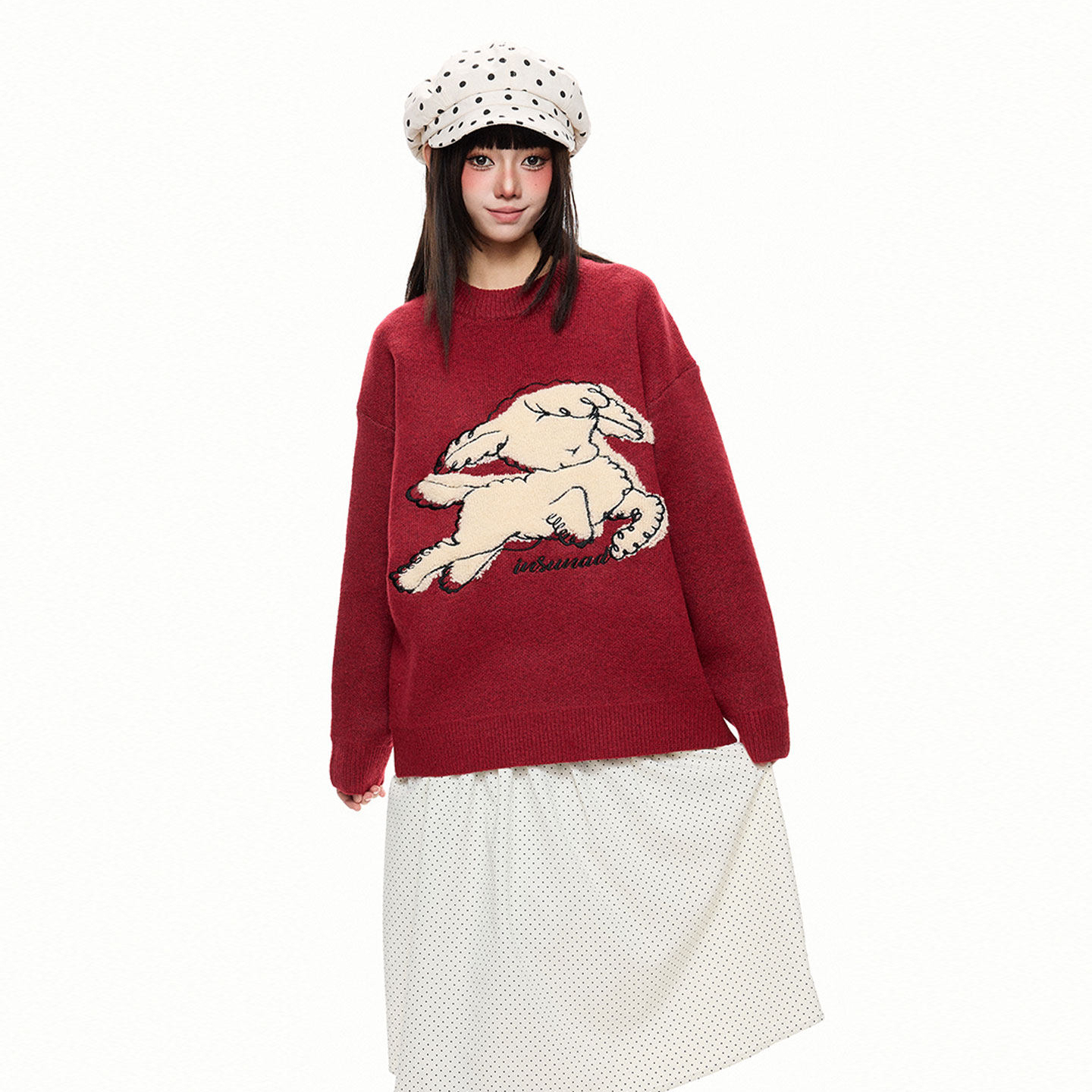 卡通可愛小羊刺繡紅色針織衫女寬鬆百搭套頭毛衣外套