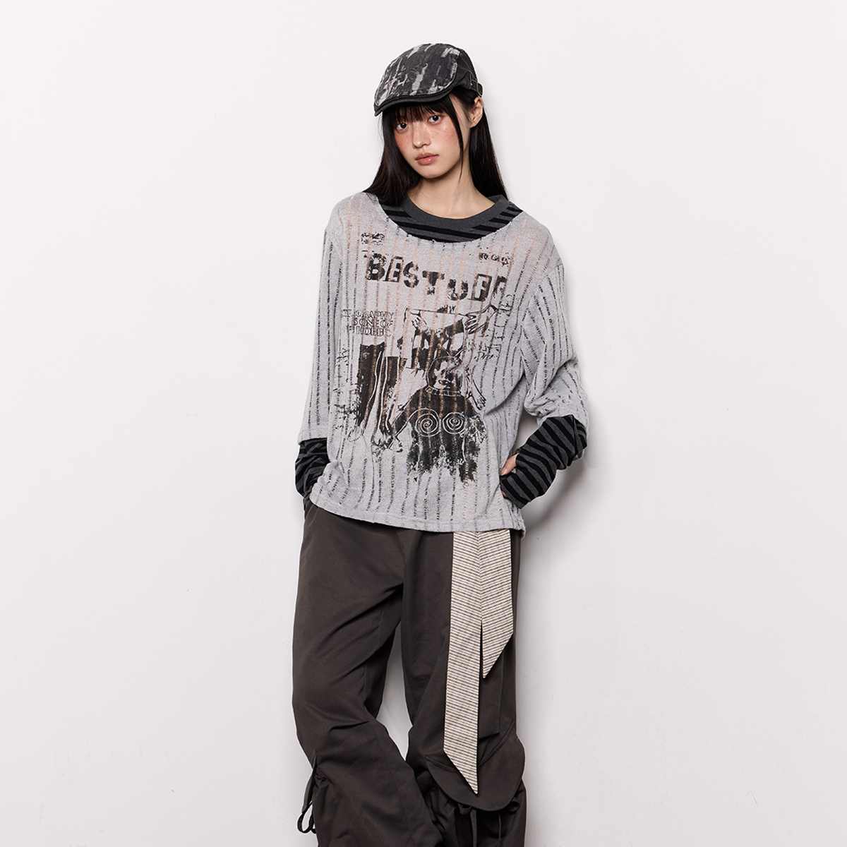 美式印花長袖罩衫T恤女夏季防曬透氣假兩件輕薄寬鬆休閒上衣