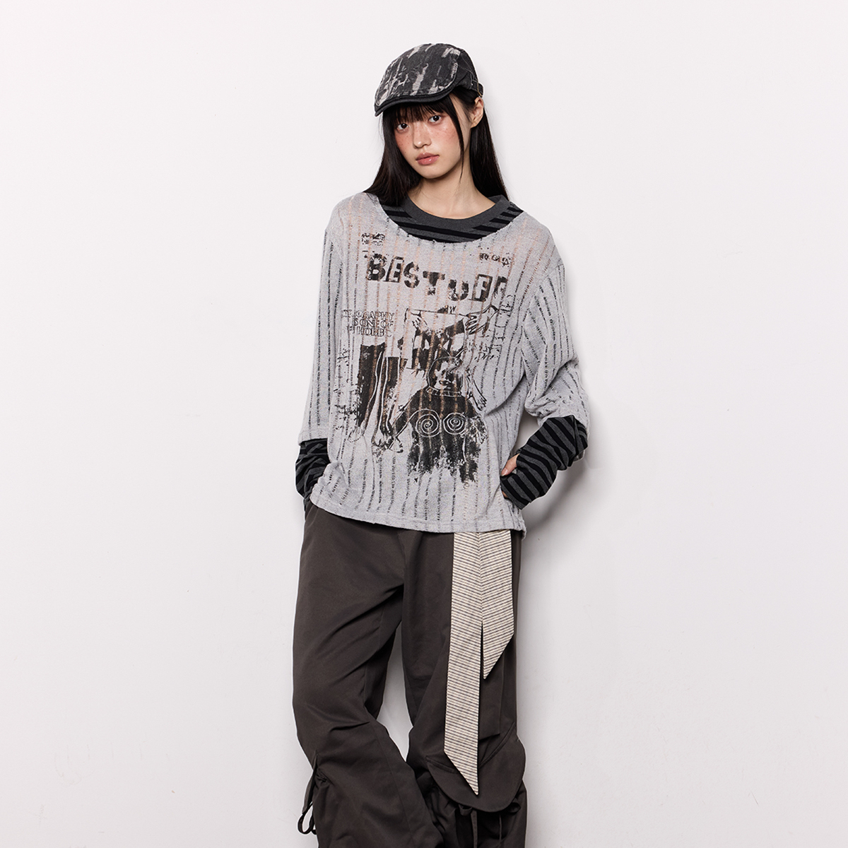 美式印花長袖罩衫T恤女夏季防曬透氣假兩件輕薄寬鬆休閒上衣