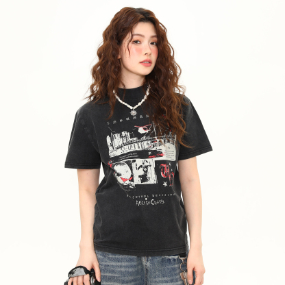 正肩T恤女美式復古印花水洗做舊微寬鬆短款顯瘦短袖