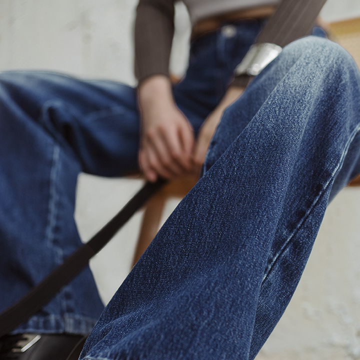 馬登女裝 美式闊腿牛仔褲水洗丹寧直筒拖地褲子設計感顯瘦長褲春秋季女