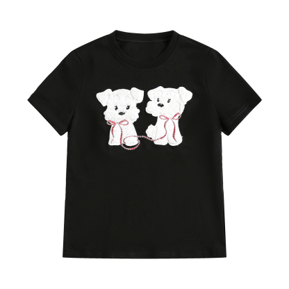 可愛毛茸茸小狗貼布繡短袖t恤女夏正肩顯瘦修身上衣