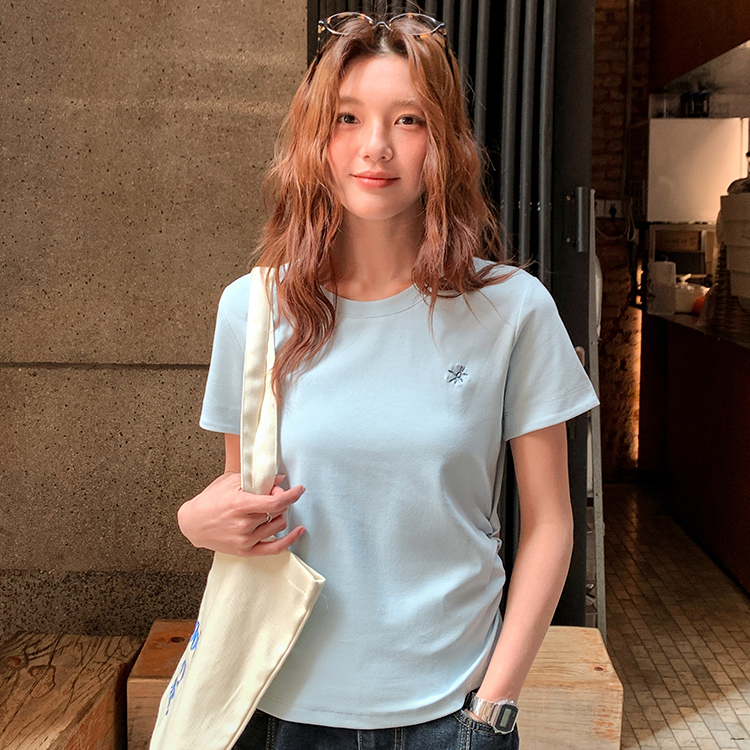 蜻蜓刺繡短袖t恤女新款純棉正肩收腰短款顯瘦甜辣小個子上衣