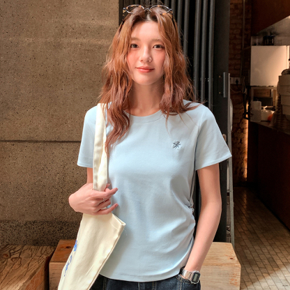 蜻蜓刺繡短袖t恤女新款純棉正肩收腰短款顯瘦甜辣小個子上衣