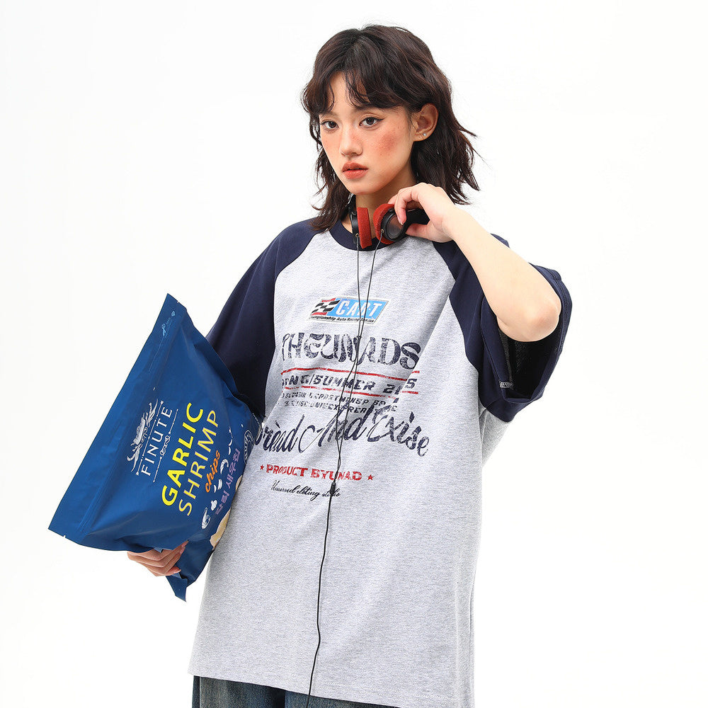 美式復古撞色插肩袖字母短袖T恤女夏季百搭體恤潮ins