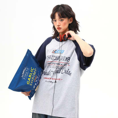 美式復古撞色插肩袖字母短袖T恤女夏季百搭體恤潮ins
