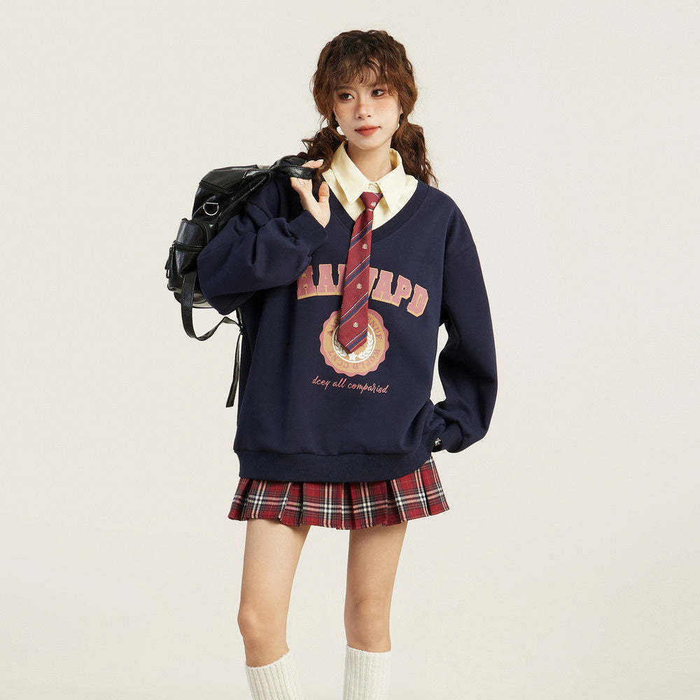 美式復古假兩件v領無帽套頭衛衣女秋季秋冬學院風設計感冬季上衣