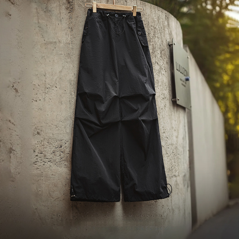 美式褶皺高街工裝vibe風傘兵褲闊腿抽繩束脚舞蹈長褲春夏女