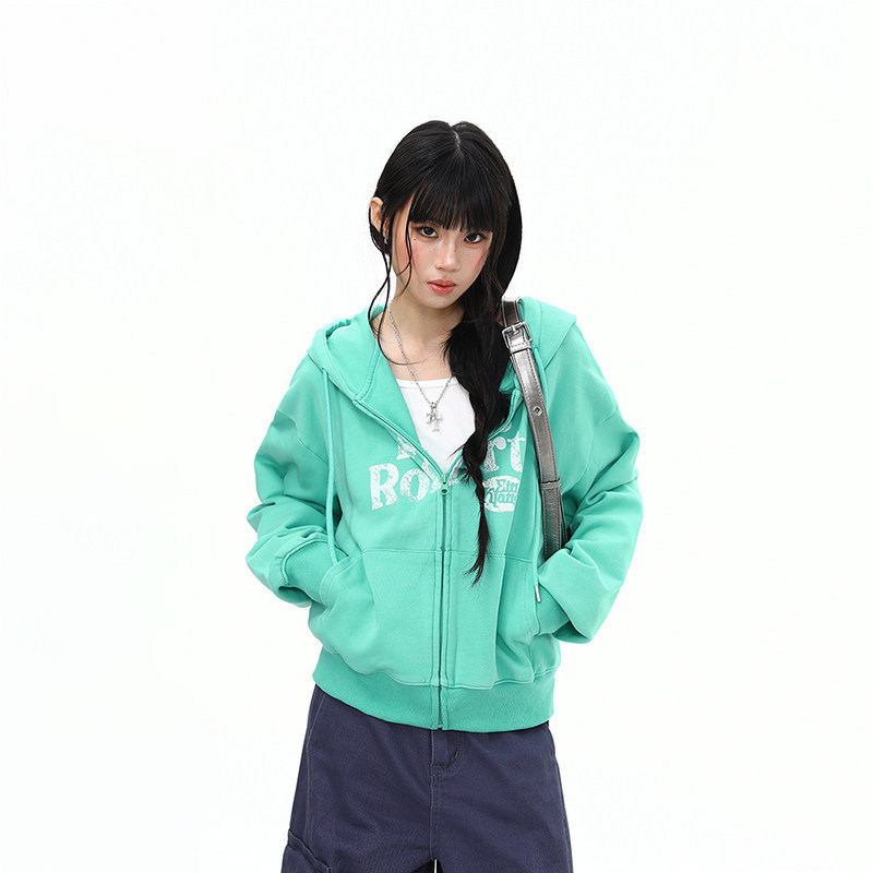 美式復古水洗做舊字母連帽衛衣外套女秋季開衫薄荷綠上衣