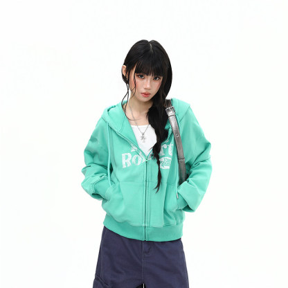 美式復古水洗做舊字母連帽衛衣外套女秋季開衫薄荷綠上衣