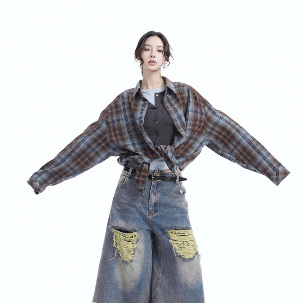美式復古拼接格子襯衫女春季新款襯衣寬鬆百搭上衣
