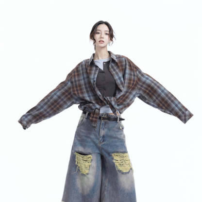 美式復古拼接格子襯衫女春季新款襯衣寬鬆百搭上衣