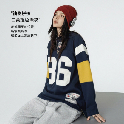 美式復古橄欖球寬鬆套頭小眾刺繡中長款加厚衛衣外套女士秋冬