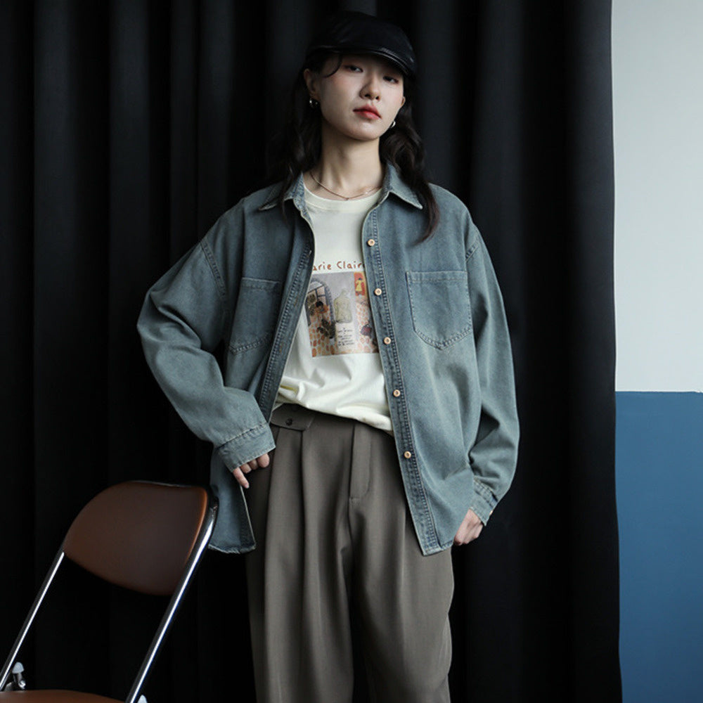 春秋新款女上衣寬鬆復古港風休閒外套洗水做舊牛仔襯衫女
