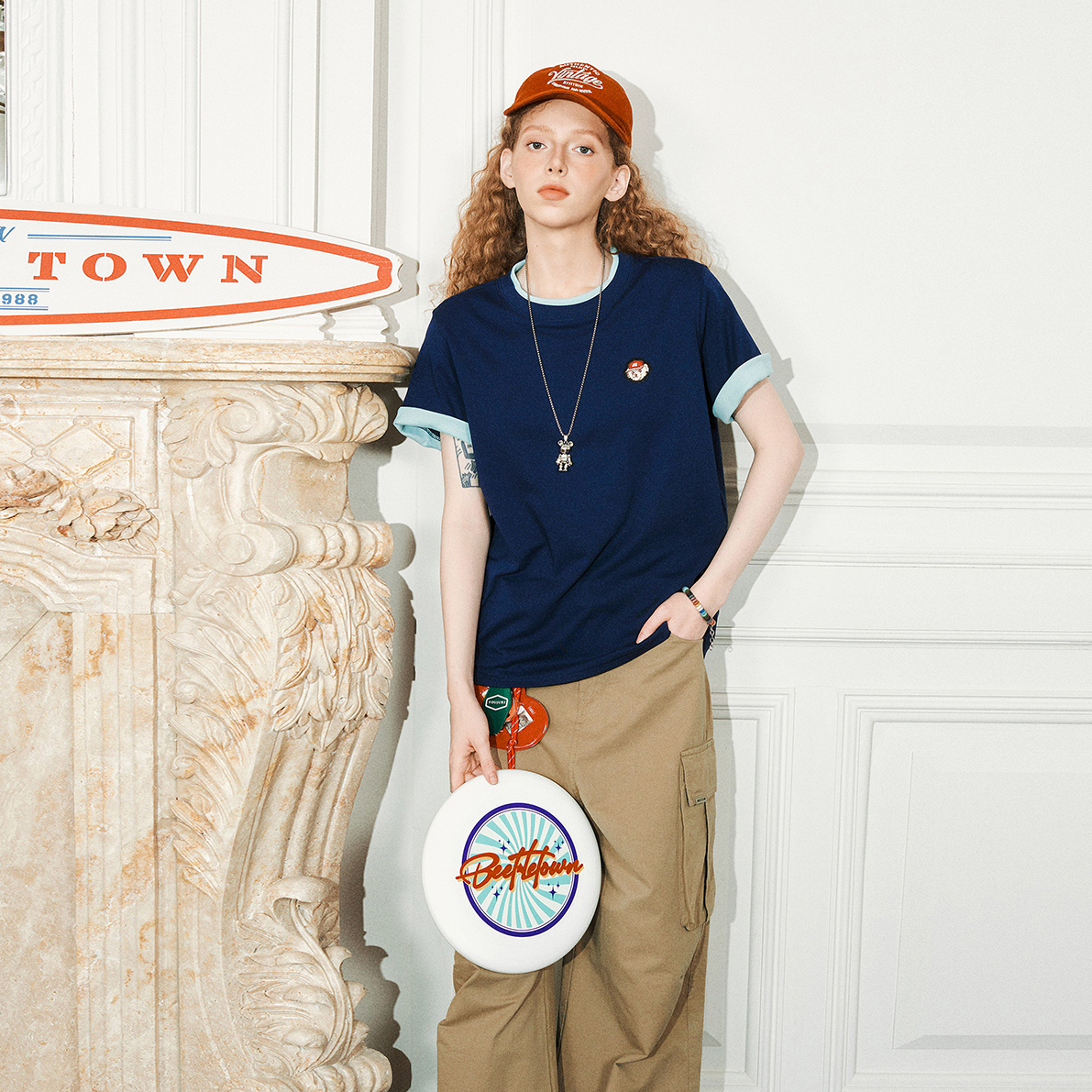 美式復古翻邊假兩件短袖T恤夏季重磅寬鬆休閒百搭半袖