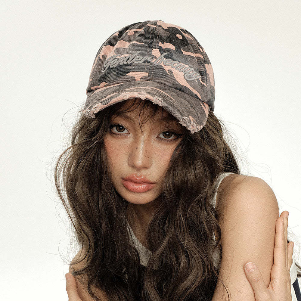 美式戶外工裝甜酷辣穿搭粉色迷彩鴨舌帽子女復古潮牌顯臉小棒球帽