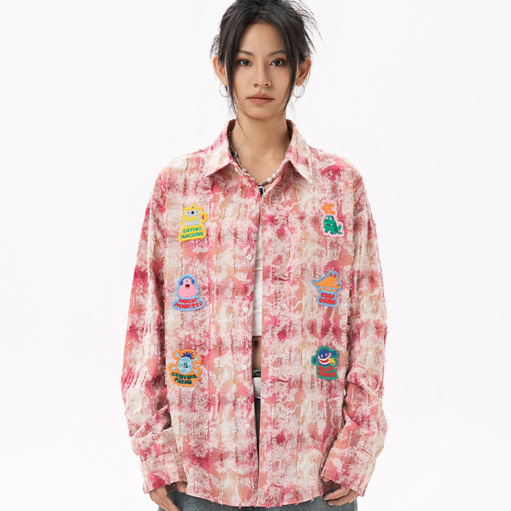 美式復古貼布刺繡卡通長袖襯衫女小香風磨毛上衣