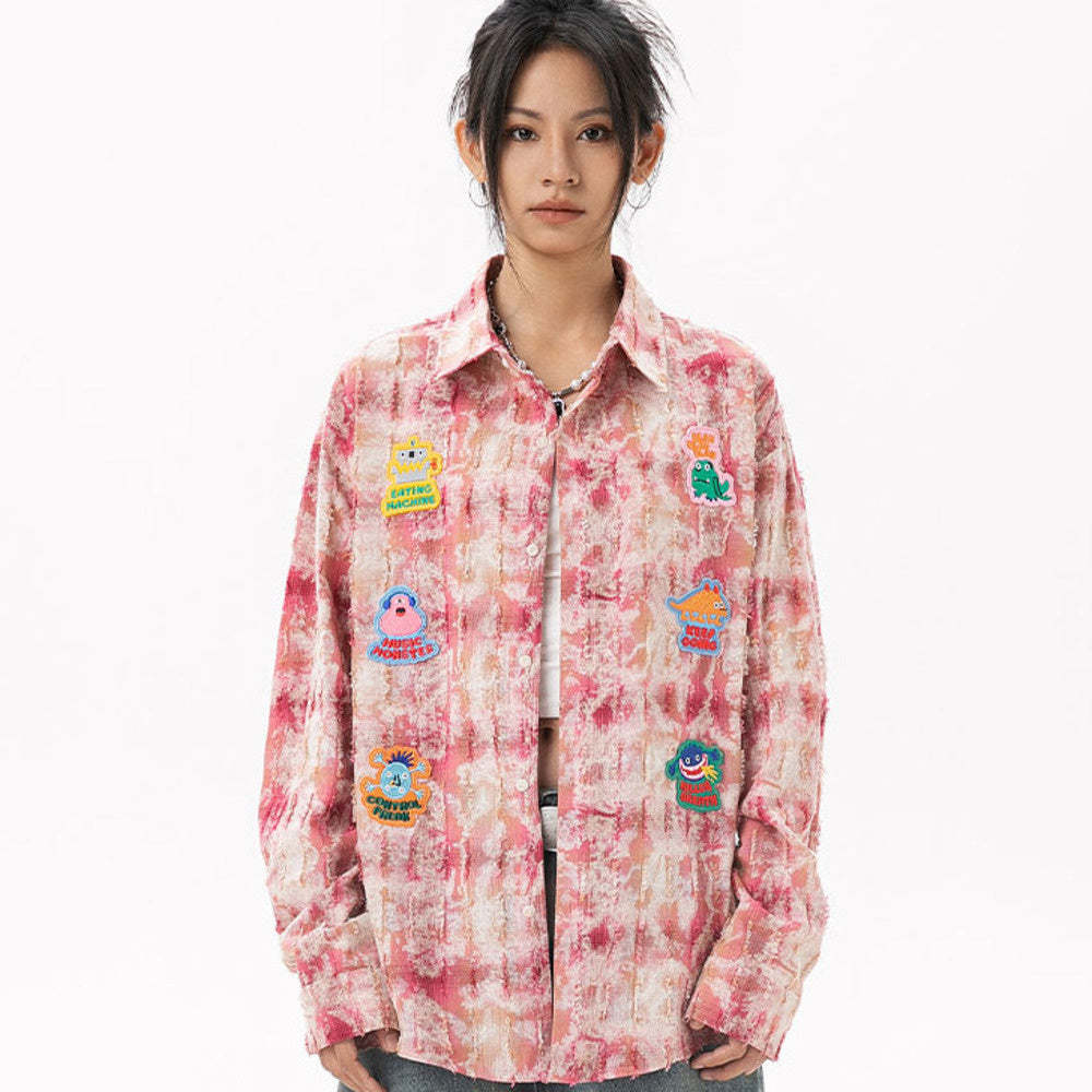 美式復古貼布刺繡卡通長袖襯衫女小香風磨毛上衣