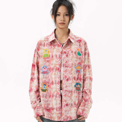 美式復古貼布刺繡卡通長袖襯衫女小香風磨毛上衣