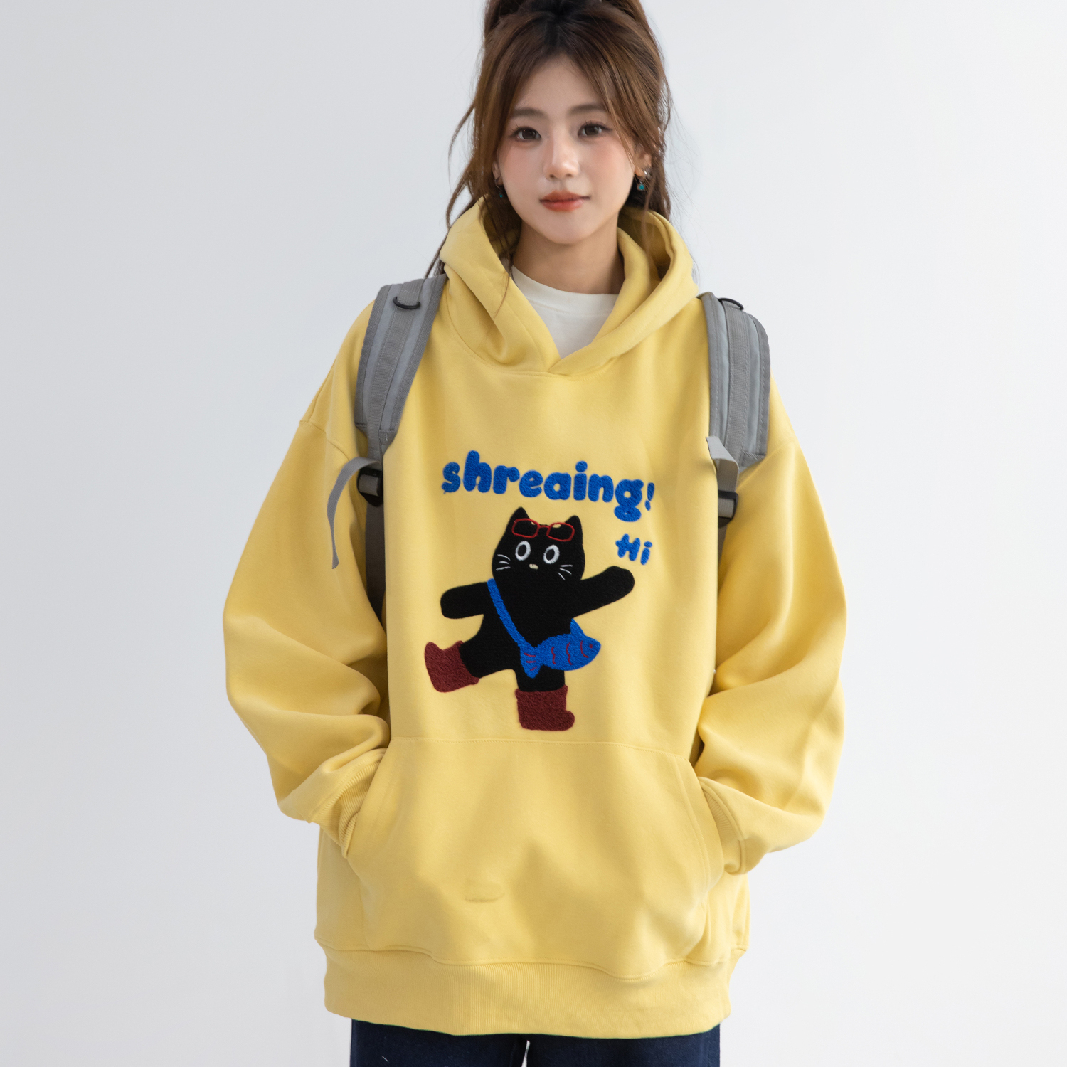韓系可愛猫咪毛巾繡連帽衛衣女款小個子寬鬆長袖上衣