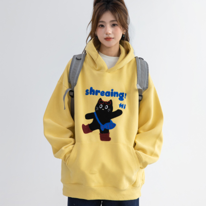 韓系可愛猫咪毛巾繡連帽衛衣女款小個子寬鬆長袖上衣