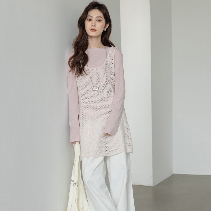 杏色疊穿鏤空背心連衣裙女2025春季韓系中長裙