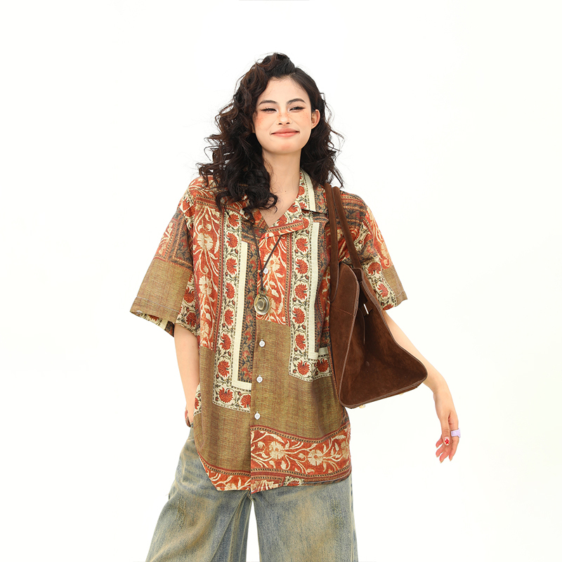 古著花卉襯衫女美式個性潮牌西裝領短袖襯衣夏季凉感上衣