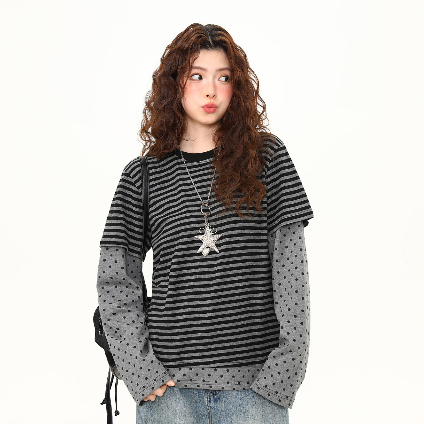 春季新款條紋假兩件波點長袖T恤女短寬鬆百搭設計感上衣