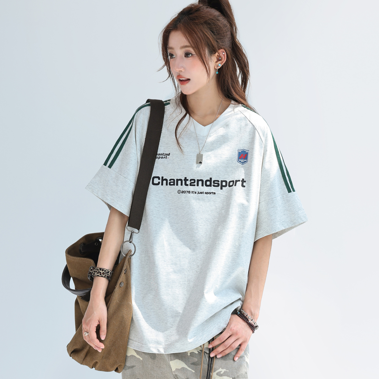 索羅娜美式拼接條紋短袖女t恤夏季字母運動球衣T賉