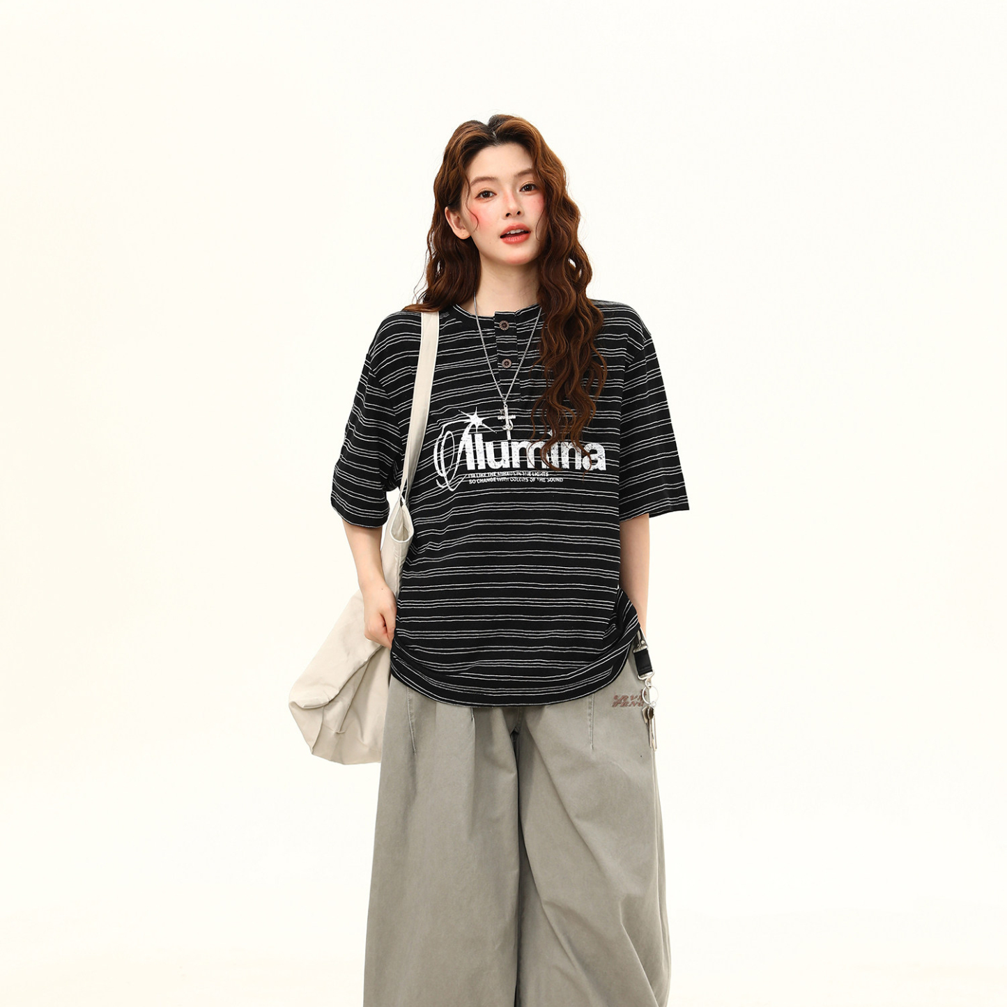 美式復古亨利領條紋短袖T恤女夏季寬鬆學院風黑白條紋tee