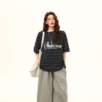美式復古亨利領條紋短袖T恤女夏季寬鬆學院風黑白條紋tee