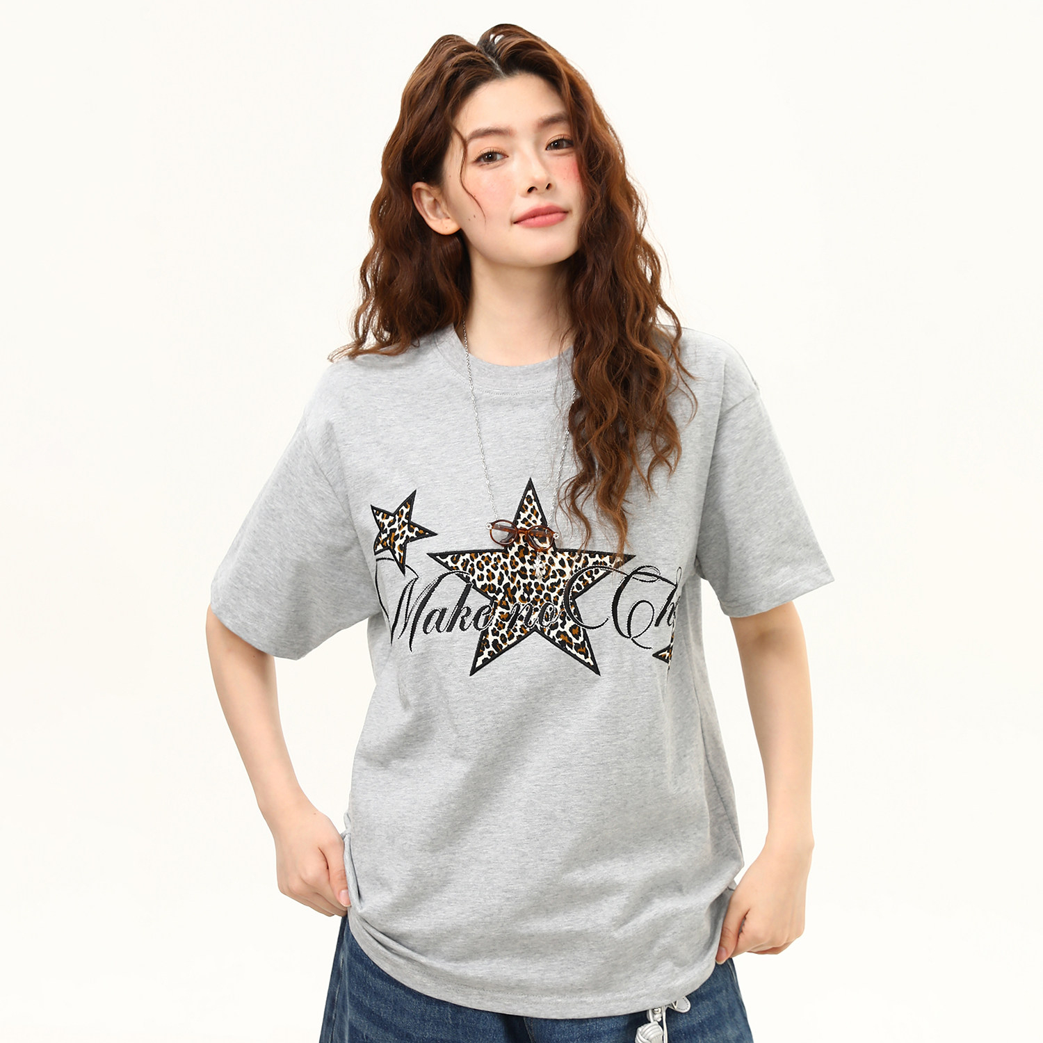 美式復古星星豹紋刺繡圓領短袖T恤女夏季寬鬆百搭tee