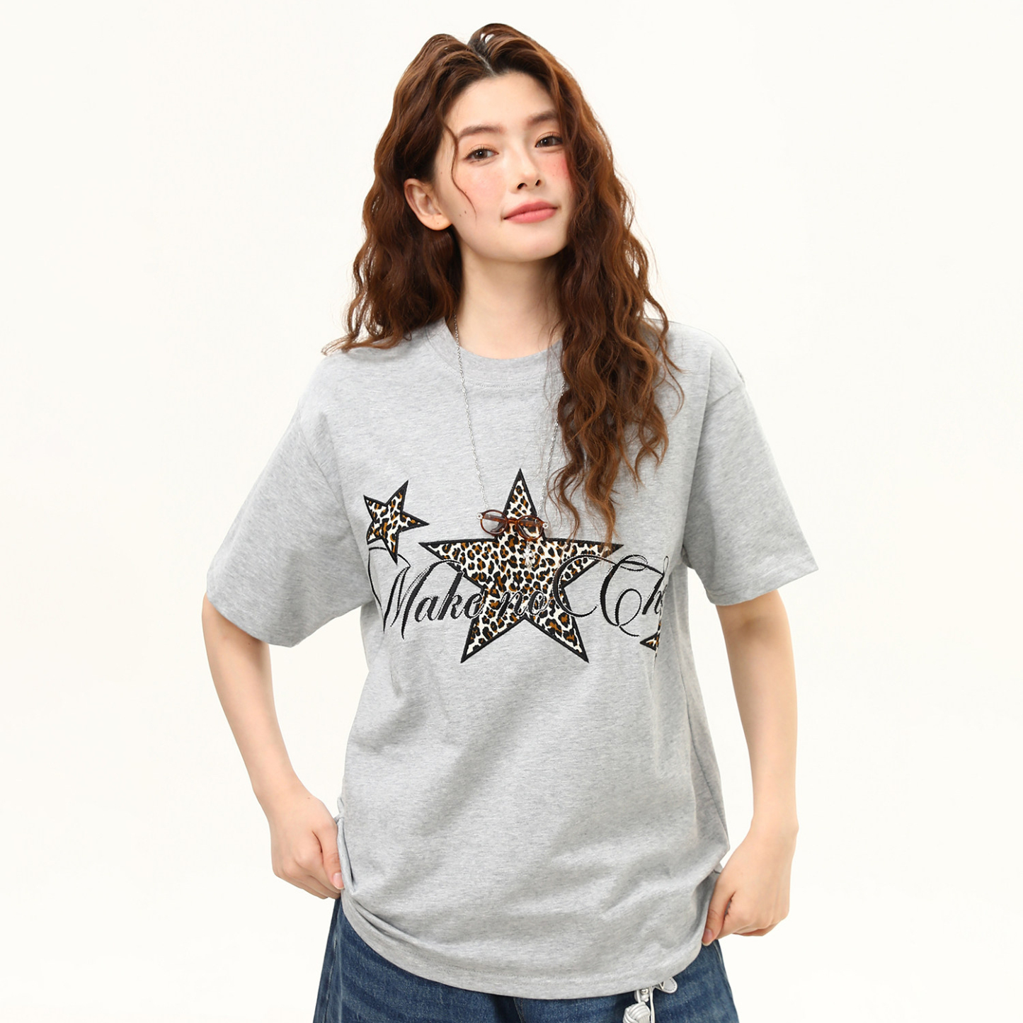美式復古星星豹紋刺繡圓領短袖T恤女夏季寬鬆百搭tee