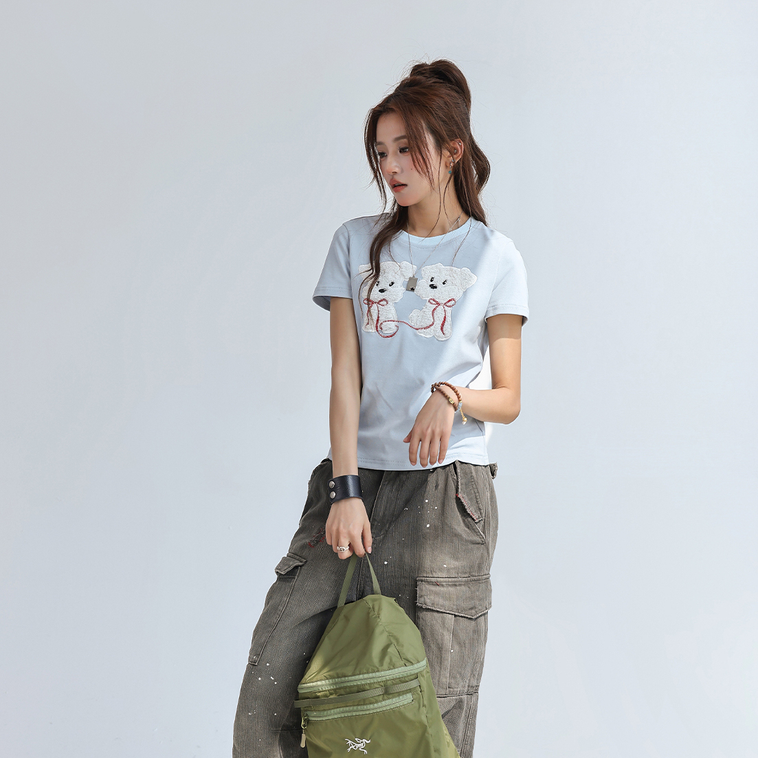 可愛毛茸茸小狗貼布繡短袖t恤女夏正肩顯瘦修身上衣