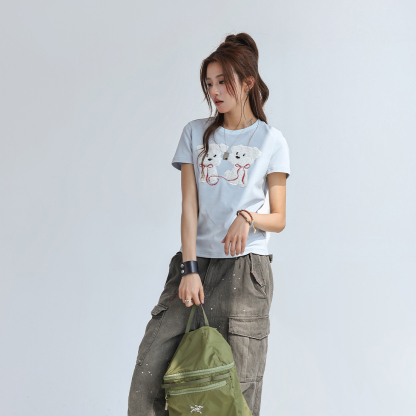 可愛毛茸茸小狗貼布繡短袖t恤女夏正肩顯瘦修身上衣