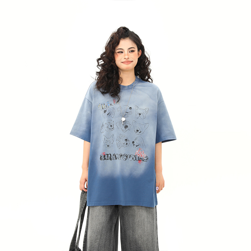 美式復古水洗漸變小狗印花短袖T恤女夏季寬鬆百搭上衣